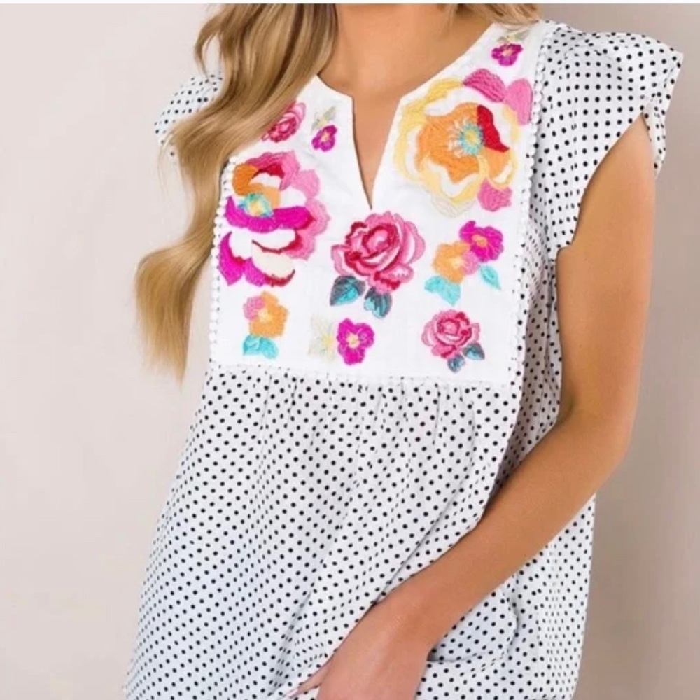 Savanna Jane Floral Embroidered Polka Dot Top